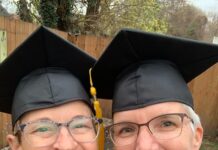 Diane Endicott and Kim Clark celebrate their College of Education and Human Development degrees earned this month.