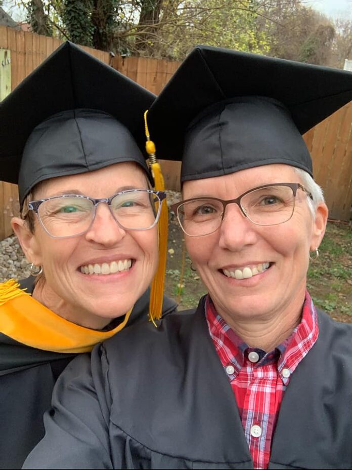 Diane Endicott and Kim Clark celebrate their College of Education and Human Development degrees earned this month.