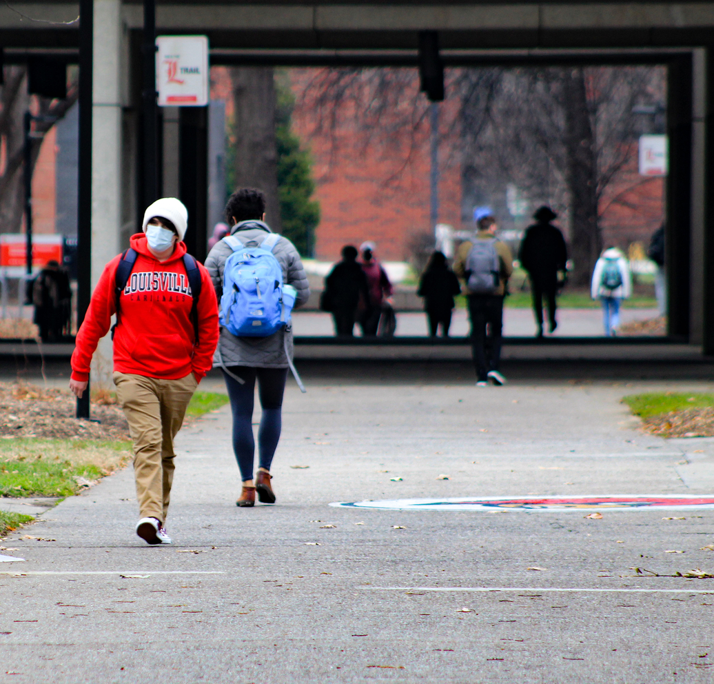 Students walk to class in the winter