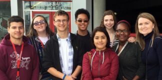 Jami McCoy Allen (right) visits UofL with her students.