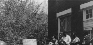 A group of Black students protest on campus in 1969.