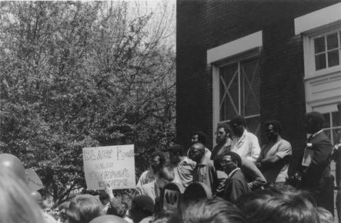 A group of Black students protest on campus in 1969.