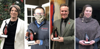 2020 UofL EPIC Innovation Awards winners (from left) Paula Bates, Brad Shuck, Theo Edmonds and Laura Weingartner.