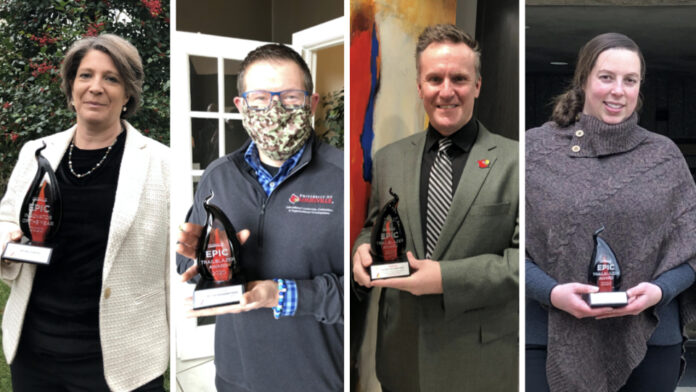 2020 UofL EPIC Innovation Awards winners (from left) Paula Bates, Brad Shuck, Theo Edmonds and Laura Weingartner.