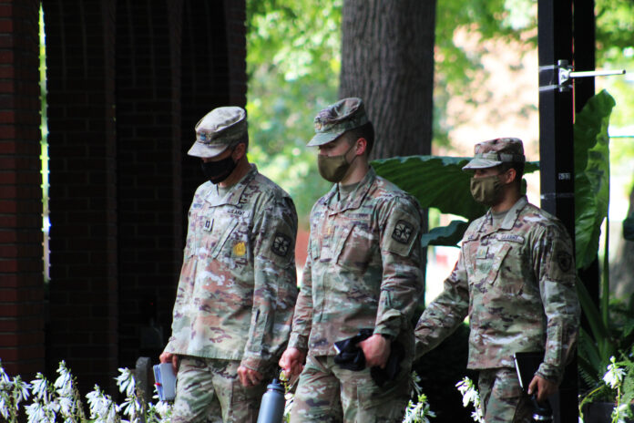 ROTC members walk on campus