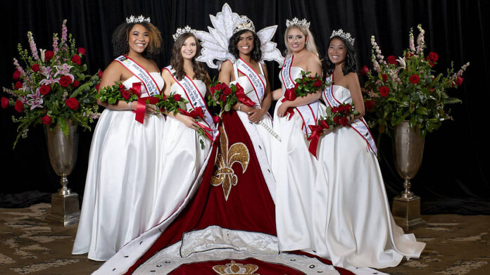 0410_KY_royal_court_derby_festival_2021 2021 Royal Court, left to right, Leah Hazelwood, Hannah Edelen, Gia Combs, Hannah Robb, Molly Jett. (courtesy of Kentucky Derby Festival)