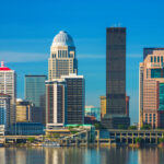 Louisville downtown skyline closeup view with the Ohio River.