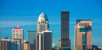 Louisville downtown skyline closeup view with the Ohio River.