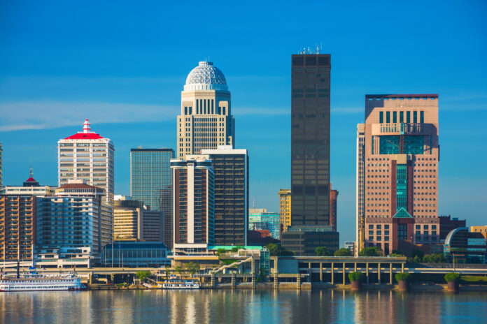 Louisville downtown skyline closeup view with the Ohio River.