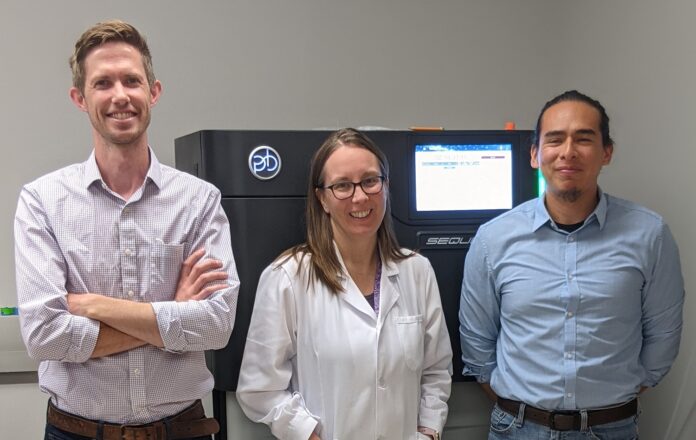 Corey Watson, Ph.D., Melissa Smith, Ph.D., and Oscar Rodriguez, Ph.D., with the Pacific Biosciences Sequel IIe DNA sequencing system, housed in the University of Louisville Sequencing Technology Center