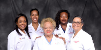 UofL School of Dentistry's African American female faculty members: Madeline Hicks (seated) with Breacya Washington, Amirah Jackson, Tiffany McPheeters and Sherry Babbage (standing L-R).