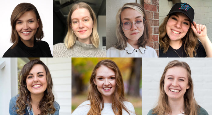 Graphic design alumnae L-R Top row: Amber Kleitz Cox, Cait Bender, Emi Johnson Jones, Rachel Suding. Second row: Kylar Ware, Ann Wood, Deryn Greer Walker.