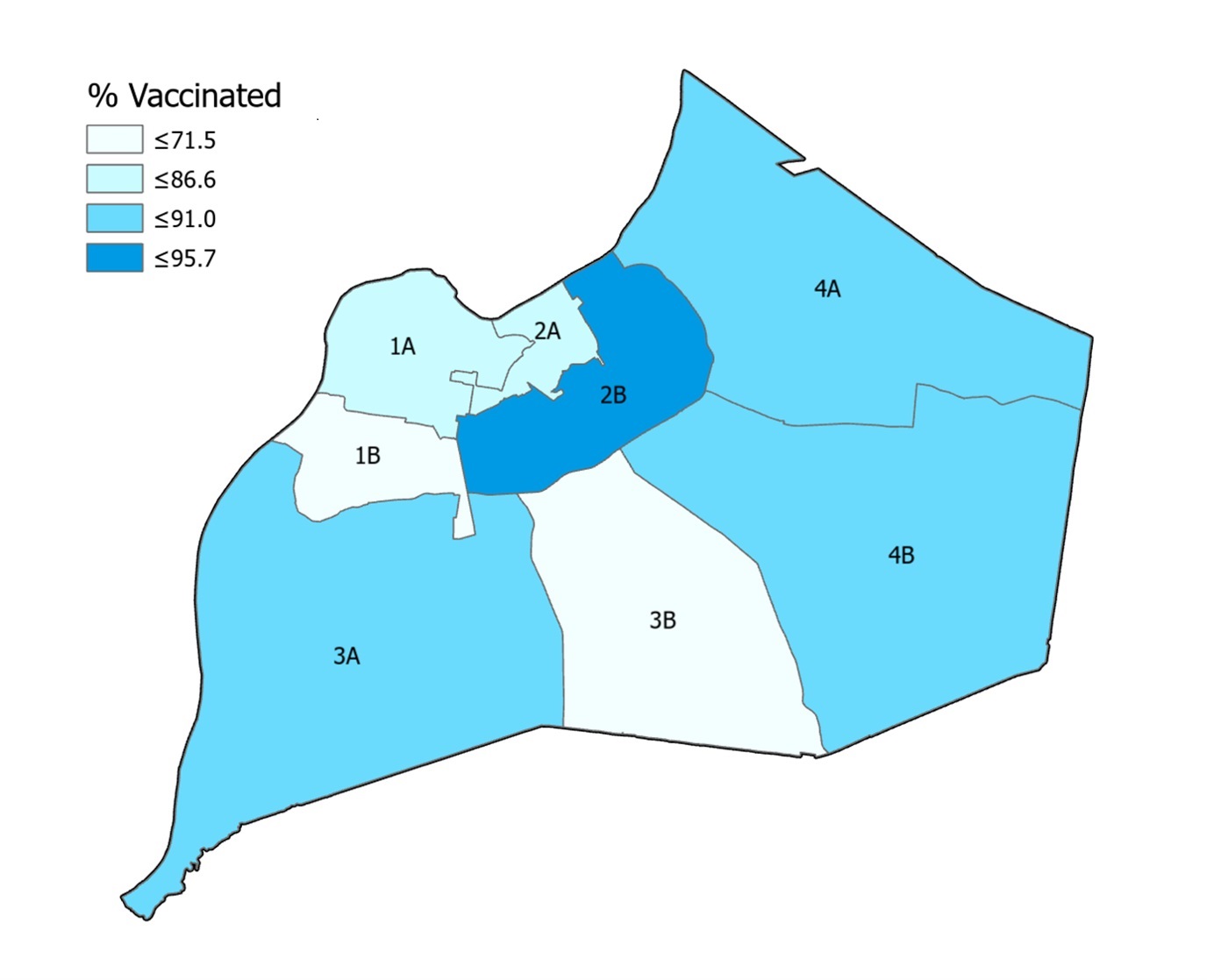 Figure 4 shows the percentage of tested individuals by zone who reported being vaccinated.