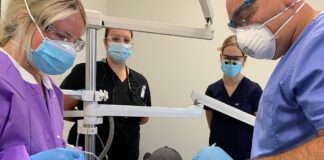 WKCTC Dental assisting program student Lakin Reed (left) assists Dr. Gregory Lord (right) with a recent procedure as UofL dental students Virginia Dunlap (left) and Allison Reed (right) observe.