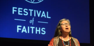 Woman Stands Shining, Dine Navajo elder wisdom keeper, at the 2019 Festival on Faiths. -Photo by John Nation