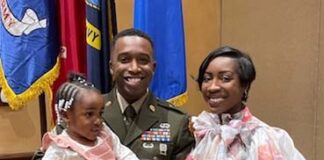 Sgt. First Class Courtland Leamon, center, is a December 2021 graduate of the University of Louisville, where he earned his master of arts degree in higher education. Pictured with Courtland are his daughter, Cereniti, and his wife, Krystle.