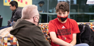 Mike Miller and Ben Mitchell meet in the Belknap Academic Building on a regular basis to discuss Ben’s independence, social and academic life.