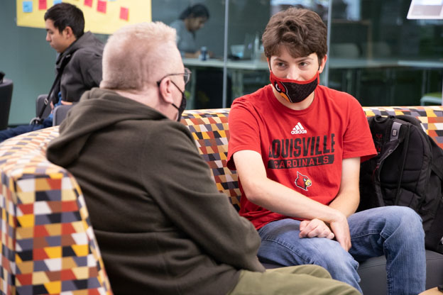 Mike Miller and Ben Mitchell meet in the Belknap Academic Building on a regular basis to discuss Ben’s independence, social and academic life.