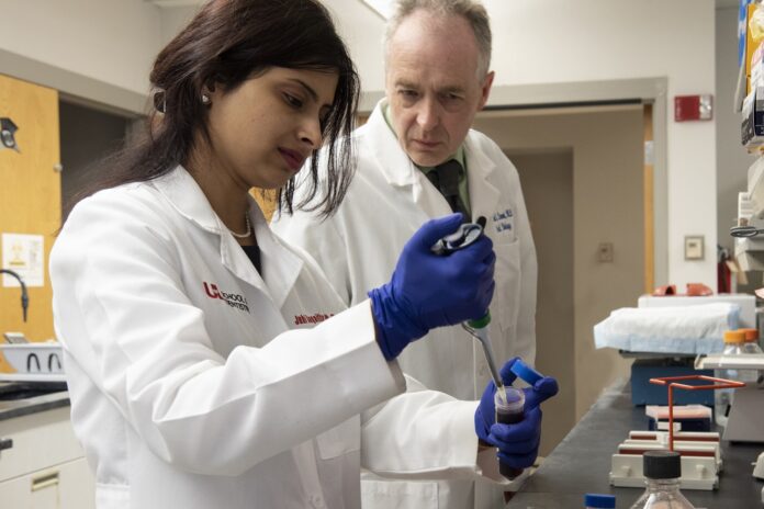 Juhi Bagaitkar, assistant professor, and Richard Lamont, professor and chair of the UofL Department of Oral Immunology and Infectious Disease