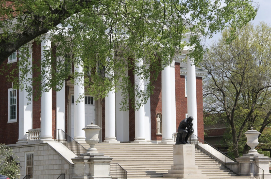 A 1903 cast of “The Thinker” by Auguste Rodin has been a campus landmark at the University of Louisville since 1949. (UofL Photo)