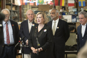 UofL Interim President Lori Gonzalez speaks during a press conference for SOS as the organization collects supplies for Ukraine.