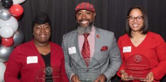 The University of Louisville celebrated its 2022 Presidential Award winners April 18. Several awards in different categories were presented to faculty and staff. Pictured here are three of the Cardinal Principles Award winners, from left: Leondra Gully, Dwayne Compton and Nakia Strickland.