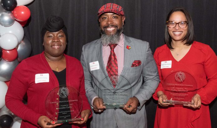 The University of Louisville celebrated its 2022 Presidential Award winners April 18. Several awards in different categories were presented to faculty and staff. Pictured here are three of the Cardinal Principles Award winners, from left: Leondra Gully, Dwayne Compton and Nakia Strickland.