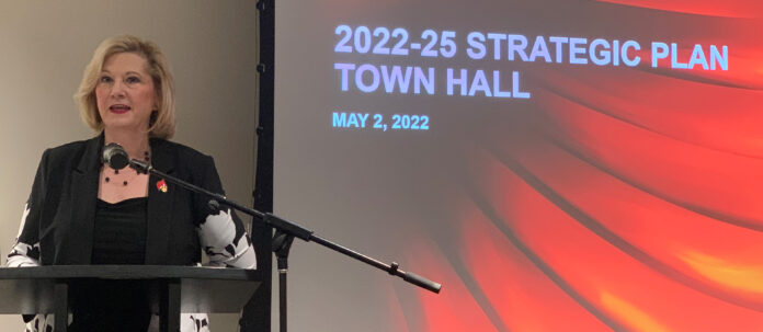 University of Louisville Interim President Lori Stewart Gonzalez discussed the 2022-25 Strategic Plan with faculty and staff May 2.