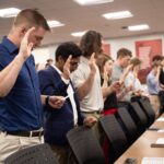 Nearly 100 students, faculty, staff and alums take the oath of the Order of the Engineer at Speed School’s inaugural ring ceremony held April 25, 2022.