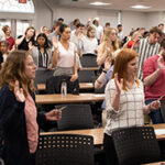 Nearly 100 students, faculty, staff and alums take the oath of the Order of the Engineer at Speed School’s inaugural ring ceremony held April 25, 2022.