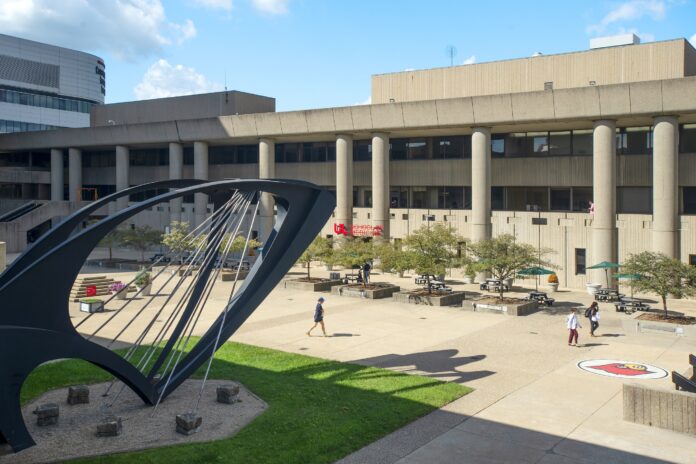 Campus view of the HSC Quad Health Sciences Center courtyard