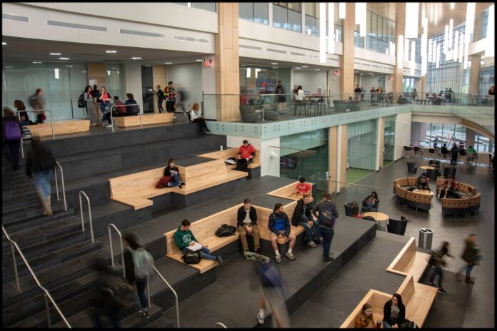 Students in the Belknap Academic Building