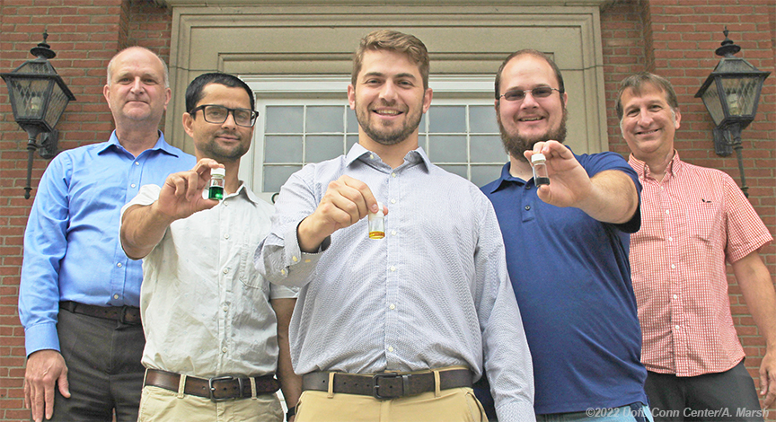 SoFab Inks LLC, a startup consisting of University of Louisville graduate students and mentored by UofL faculty members, is a finalist in the U.S. Department of Energy’s American-Made Perovskite Startup Prize. From left, Craig Grapperhaus, professor of chemistry, graduate students Sashil Chapagain, Blake Martin and Peter Armstrong and Thad Druffel, research theme leader. Photo by Andrew Marsh.