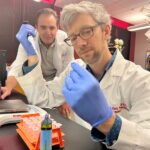 Alex Carll, assistant professor in the UofL Department of Physiology, front, with Matthew Nystoriak, associate professor of medicine