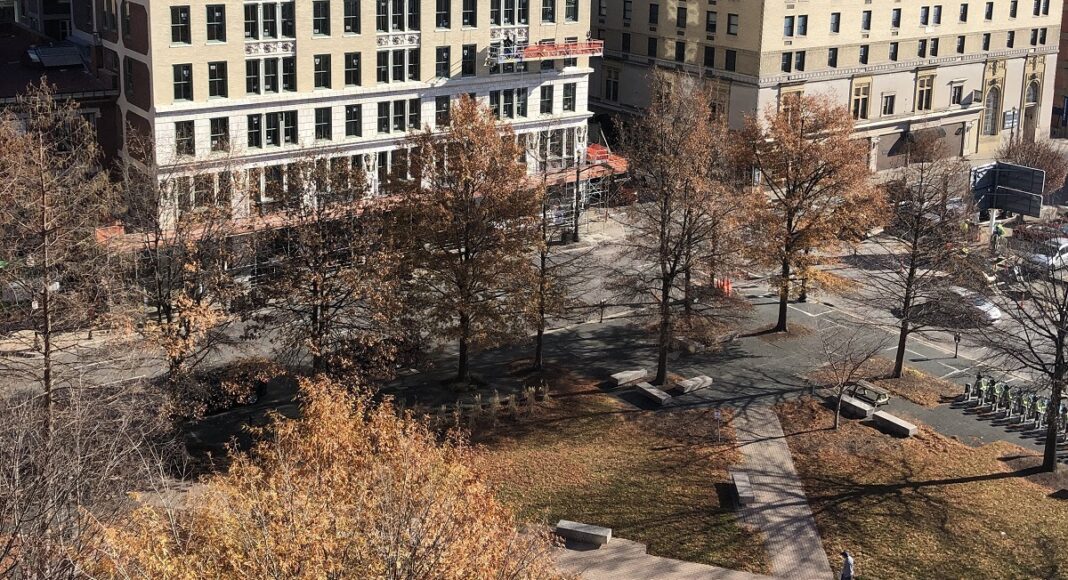 Louisville’s Founders Square is bound by South Fifth Street, West Muhammad Ali Boulevard and Armory Place in Downtown Louisville. Directly across South Fifth, the building at left is part of the University of Louisville’s New Vision of Health Campus. (UofL Photo)