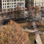 Louisville’s Founders Square is bound by South Fifth Street, West Muhammad Ali Boulevard and Armory Place in Downtown Louisville. Directly across South Fifth, the building at left is part of the University of Louisville’s New Vision of Health Campus. (UofL Photo)
