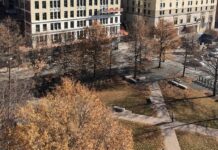 Louisville’s Founders Square is bound by South Fifth Street, West Muhammad Ali Boulevard and Armory Place in Downtown Louisville. Directly across South Fifth, the building at left is part of the University of Louisville’s New Vision of Health Campus. (UofL Photo)
