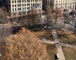 Louisville’s Founders Square is bound by South Fifth Street, West Muhammad Ali Boulevard and Armory Place in Downtown Louisville. Directly across South Fifth, the building at left is part of the University of Louisville’s New Vision of Health Campus. (UofL Photo)