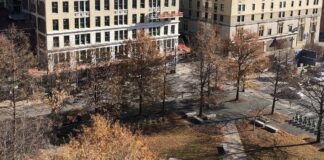 Louisville’s Founders Square is bound by South Fifth Street, West Muhammad Ali Boulevard and Armory Place in Downtown Louisville. Directly across South Fifth, the building at left is part of the University of Louisville’s New Vision of Health Campus. (UofL Photo)