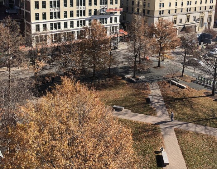 Louisville’s Founders Square is bound by South Fifth Street, West Muhammad Ali Boulevard and Armory Place in Downtown Louisville. Directly across South Fifth, the building at left is part of the University of Louisville’s New Vision of Health Campus. (UofL Photo)