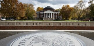 The Minerva in front of the oval where Grawemeyer Hall sits