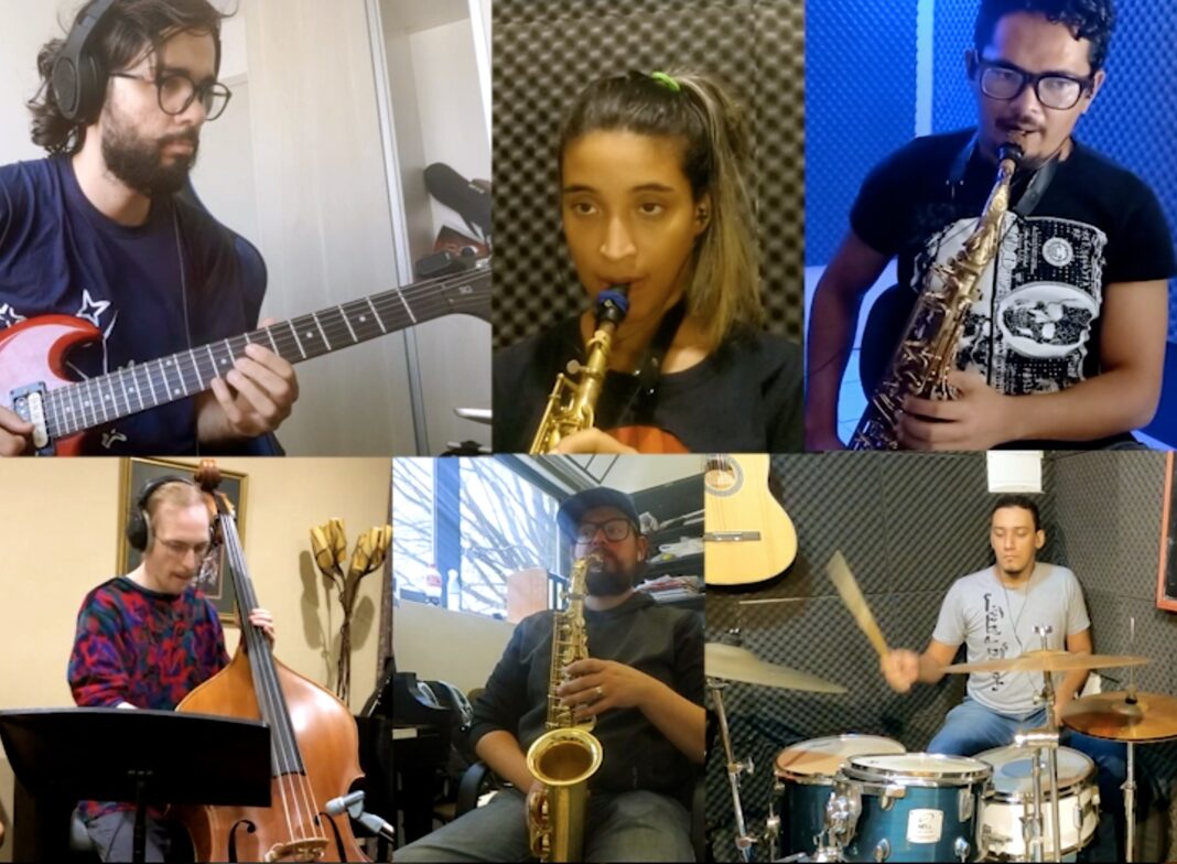 composite photo of students performing on musical instruments