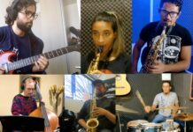 composite photo of students performing on musical instruments