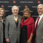 Interim UofL President Lori Stewart Gonzalez, left, Sharon Kerrick and Kevin Gardner joined Senate Republican Leader Mitch McConnell, second from left, on Jan. 19 to discuss resources he secured to benefit Kentucky in the recent government funding bill.