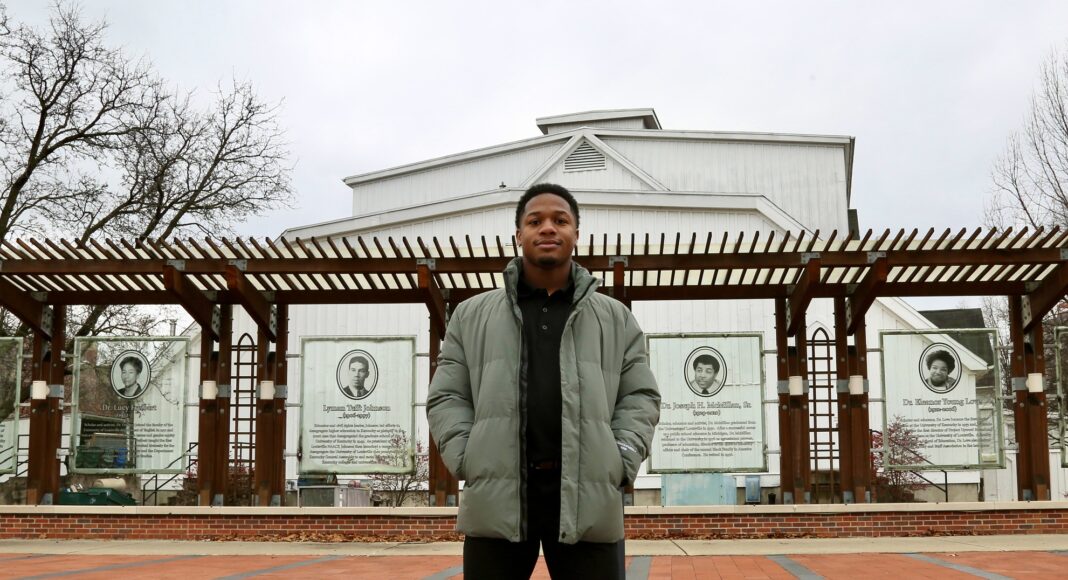 UofL SGA President Dorian Brown stands in Freedom Park.