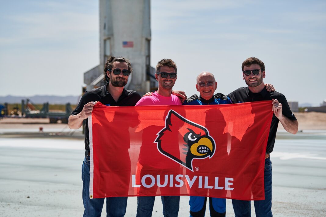 Speed School alumni and Blue Origin employees Nick Greco, Gregg Blincoe and Matt Cosgrove welcome Speed School supporter Clinton Kelly back to Earth after his flight aboard New Shepard.