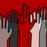 Illustration depicting the UofL community, hands raised in support and solidarity, including one with the L-sign