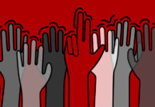 Illustration depicting the UofL community, hands raised in support and solidarity, including one with the L-sign