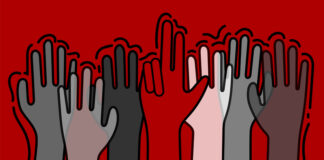 Illustration depicting the UofL community, hands raised in support and solidarity, including one with the L-sign