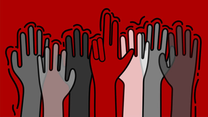 Anderson Illustration depicting the UofL community, hands raised in support and solidarity, including one with the L-sign